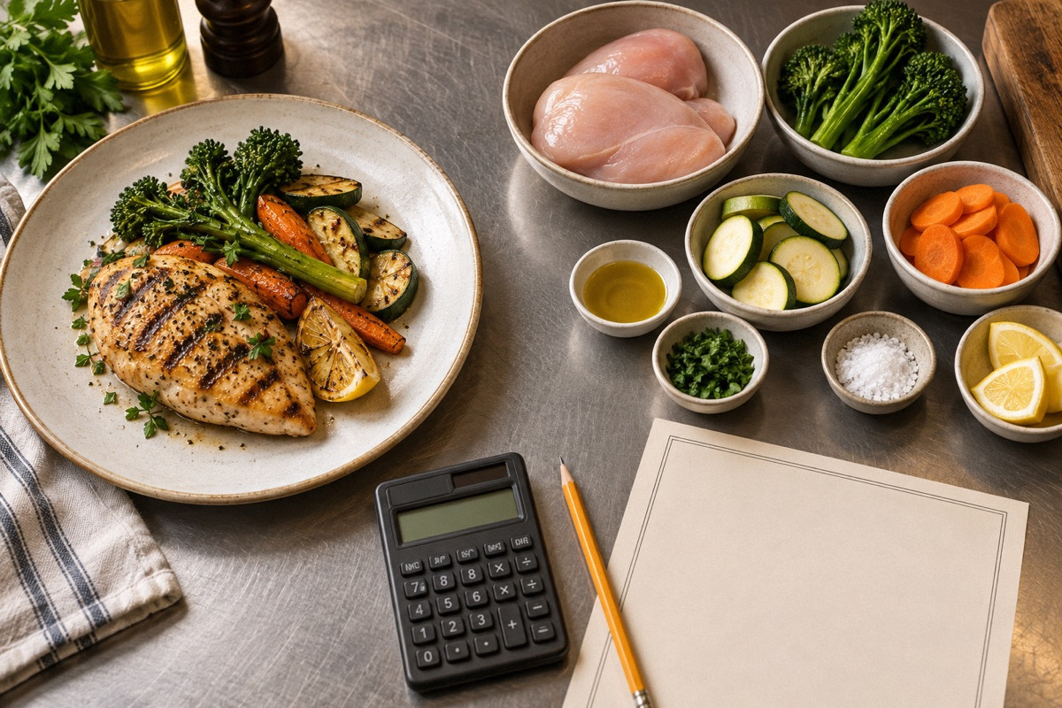 A plated chicken meal beside separate ingredient bowls, calculator and blank menu on a restaurant prep table, overhead.