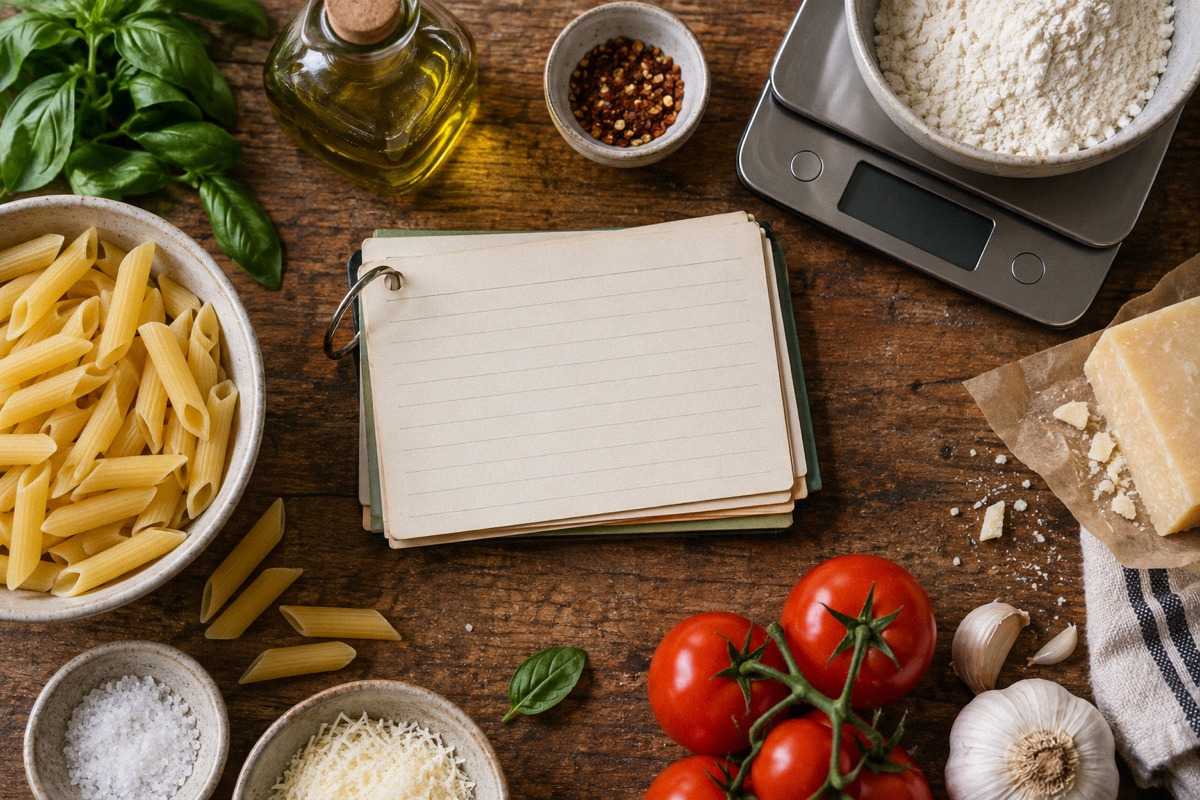 Ring-bound recipe cards beside measured pasta ingredients, olive oil and compact kitchen scale, close overhead composition.