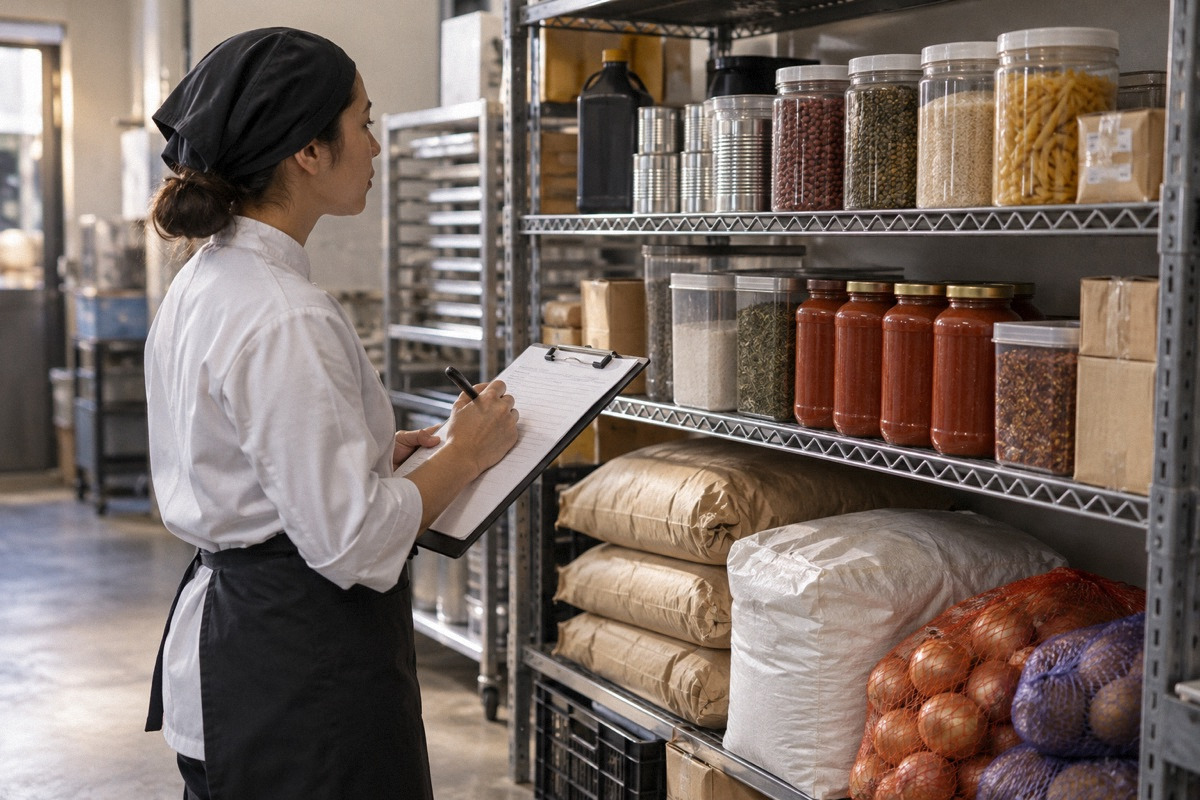 Open restaurant dry store shelves and a clipboard being held at waist height, countable jars and sacks, wide side view.