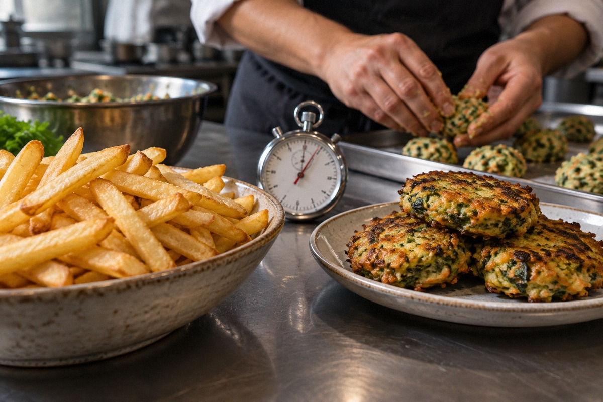 Two distinct side dishes: golden french fries and labor-intensive hand-shaped vegetable fritters, stopwatch on prep bench, close low angle.