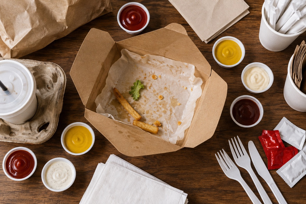Many tiny sauce cups, ramekins of ketchup, mustard, napkins and takeaway cutlery arranged beside a finished takeout meal, overhead.