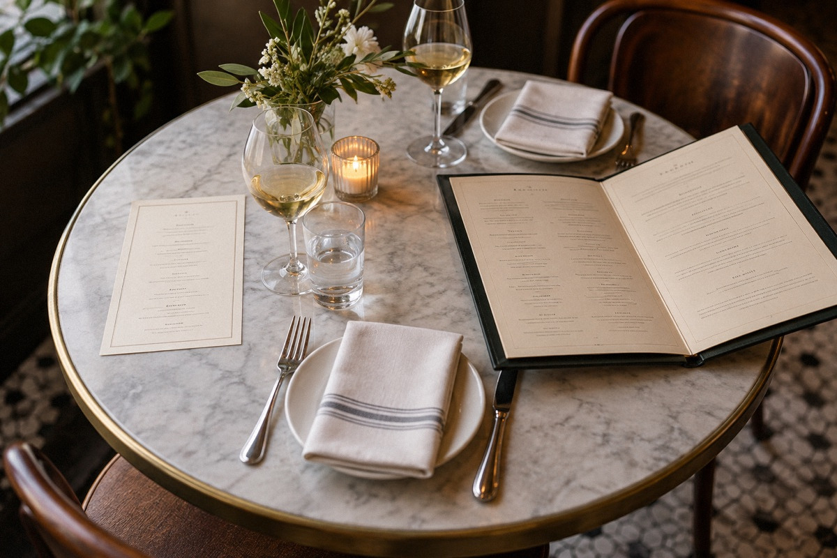 Short single-page menu alongside a bulky folded menu at a neatly set bistro table, unreadable typography, angled overhead.