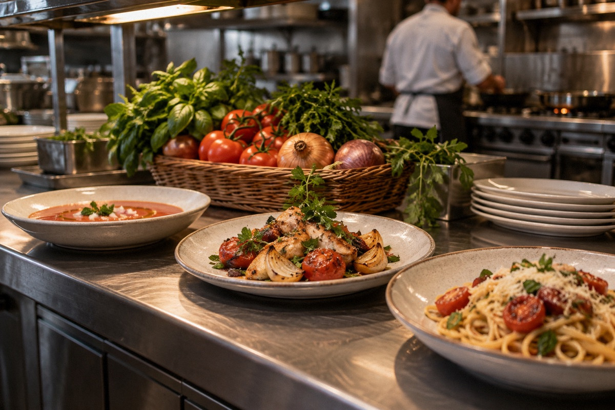 One basket of fresh tomatoes, herbs and onions branching into three distinct prepared dishes on a kitchen pass, wide view.