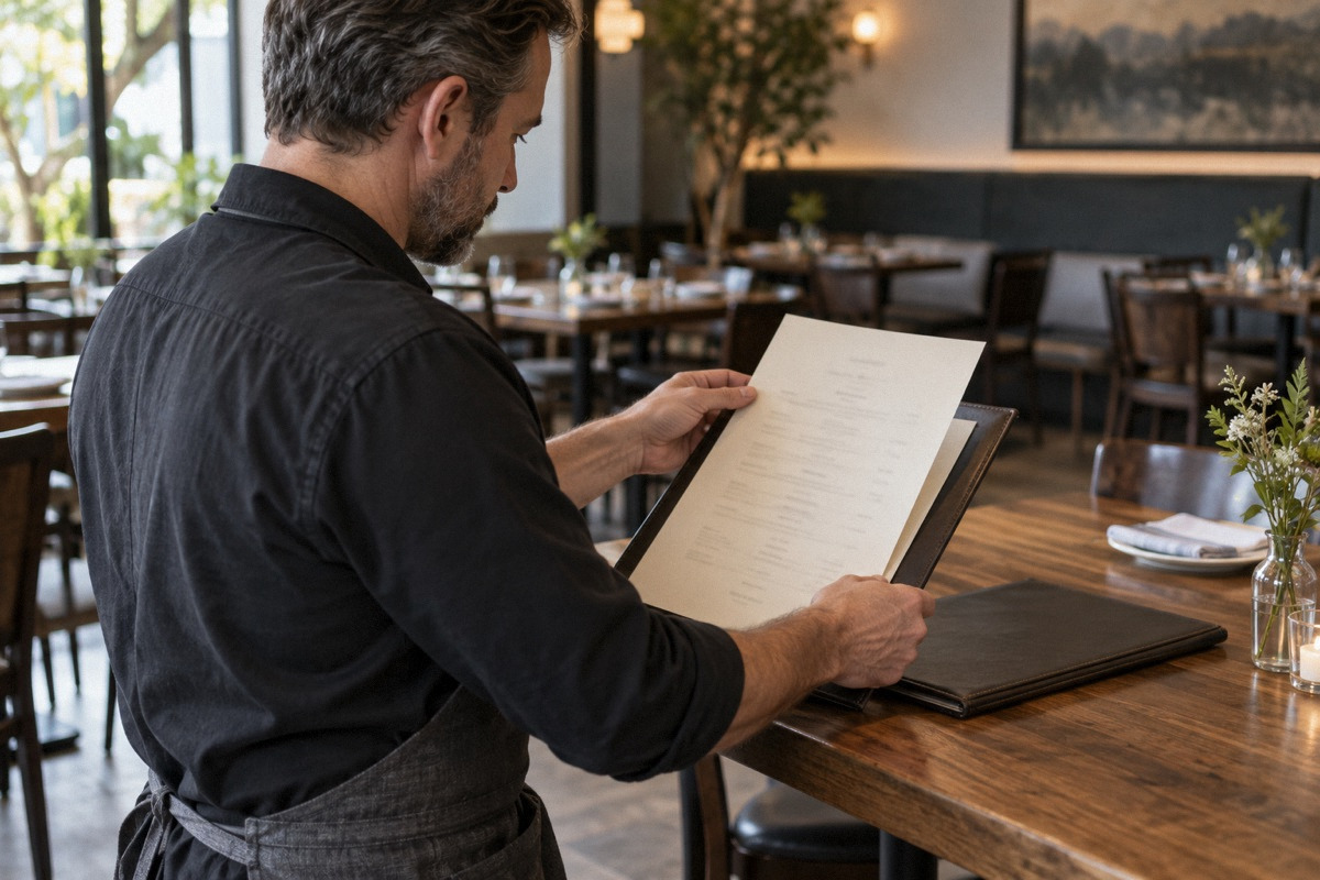 Restaurant owner replacing a menu insert in an empty dining room before service, over-shoulder composition with unreadable paper.