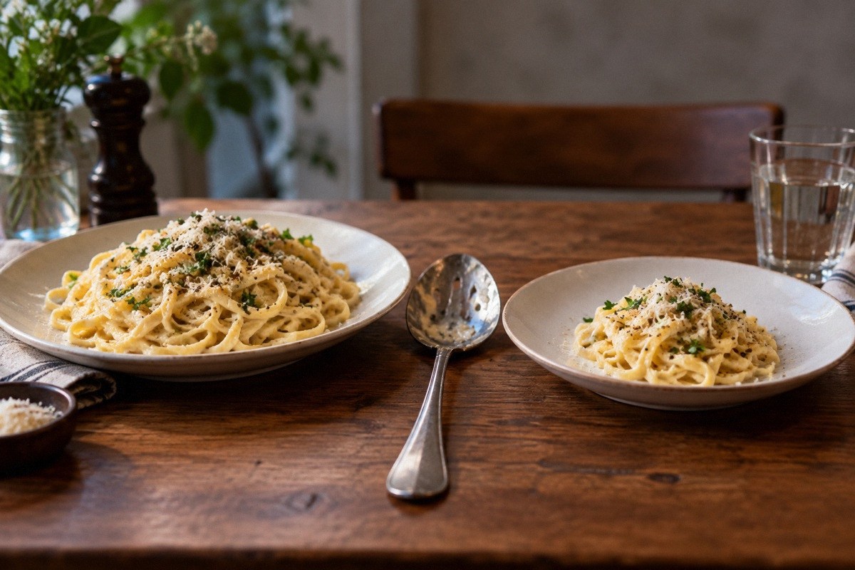Two plates of the same pasta with clearly different portion sizes, serving spoon resting between them, eye-level close view.