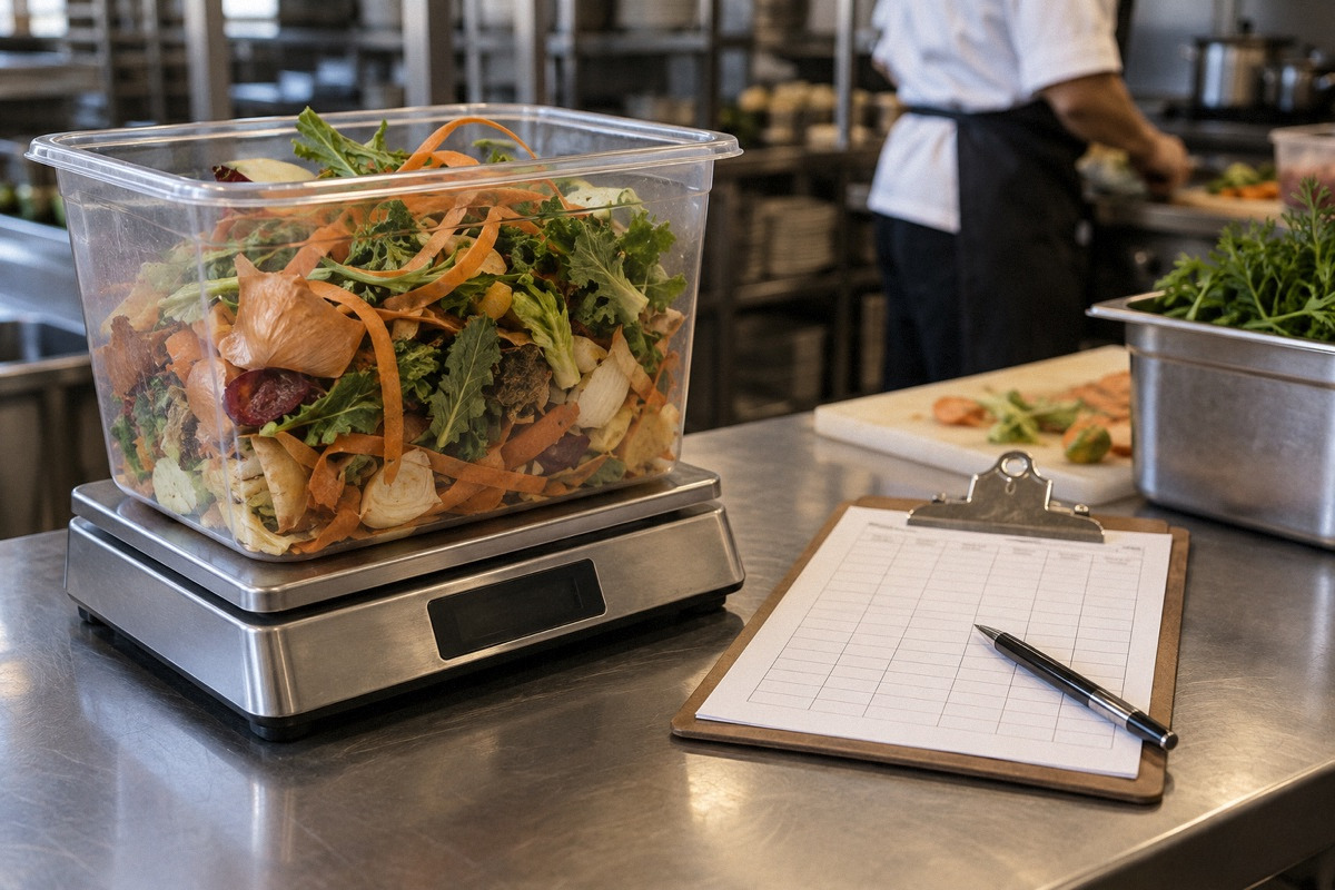 Transparent food scrap tub with vegetable trimmings on a scale, blank waste tally clipboard nearby, kitchen service area.