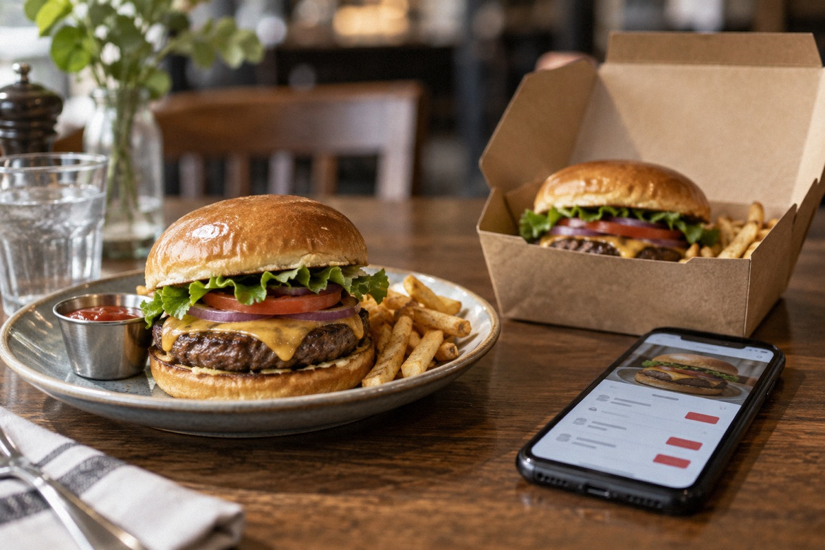Same burger served on a ceramic dine-in plate and in a kraft delivery box, smartphone with abstract interface alongside.