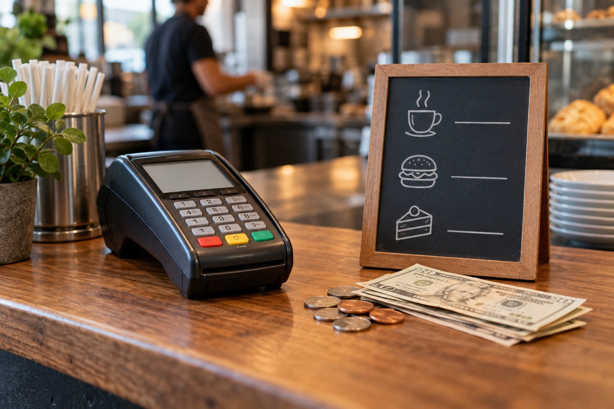 Payment terminal next to coins and banknotes and a small upright pricing card with no legible text, bistro counter closeup.