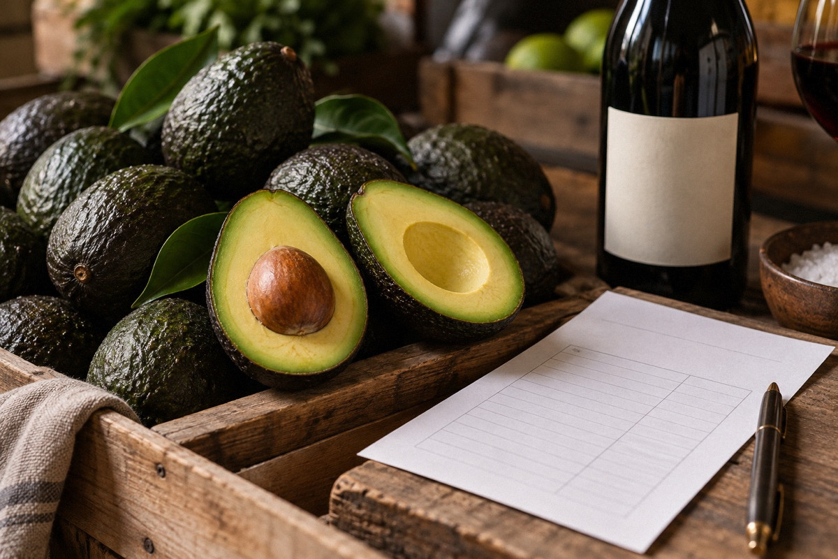 Halved avocados and whole avocados on a market crate beside a blank invoice and wine bottle, dramatic ingredient closeup.