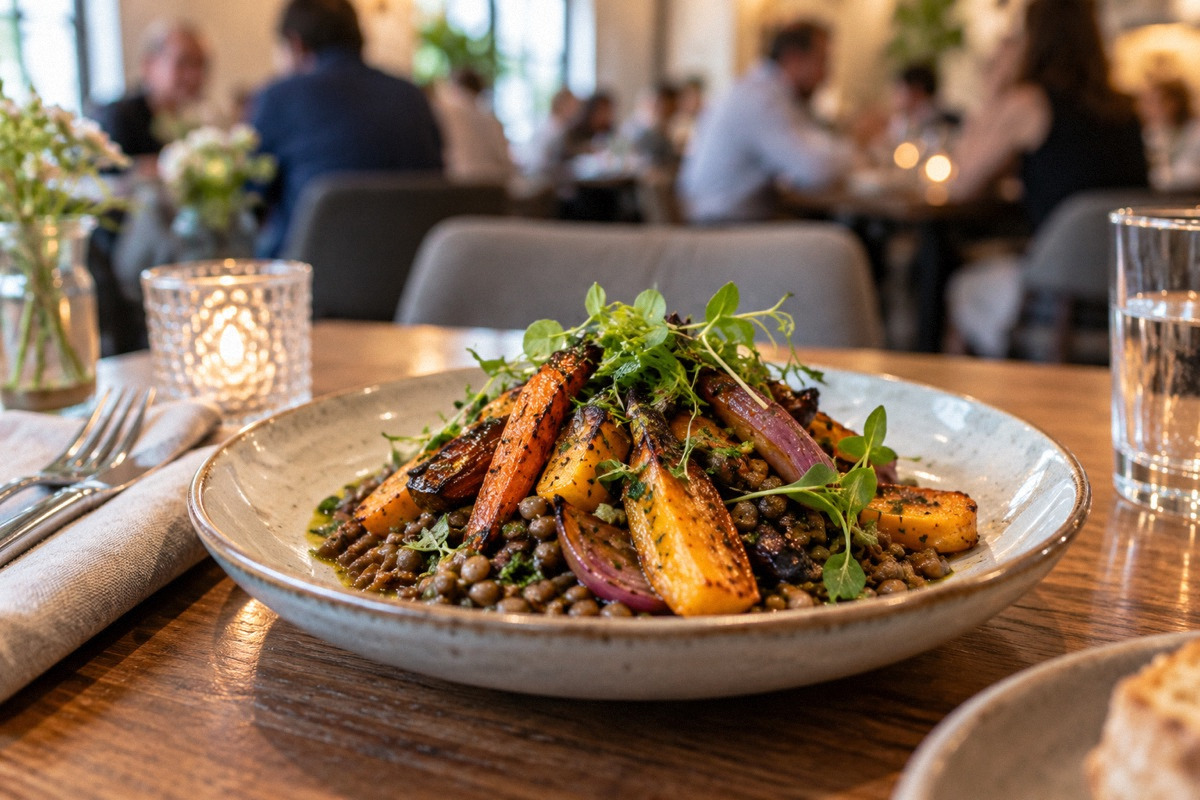 Colorful lentil and roasted vegetable main dish centered on a restaurant table, busy neutral dining room softly blurred.