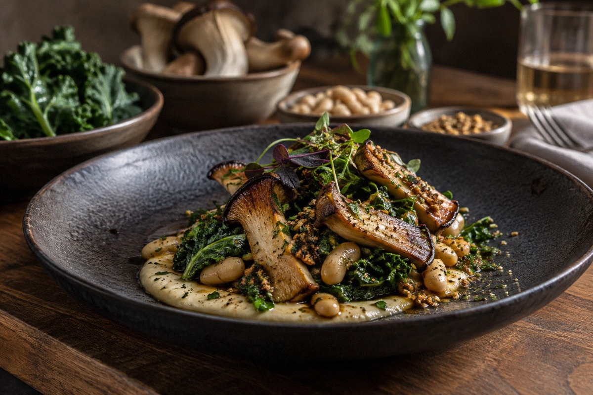 Elegant mushroom and bean entree on dark ceramic, ingredients in small bowls, beautifully composed restaurant plate portrait.