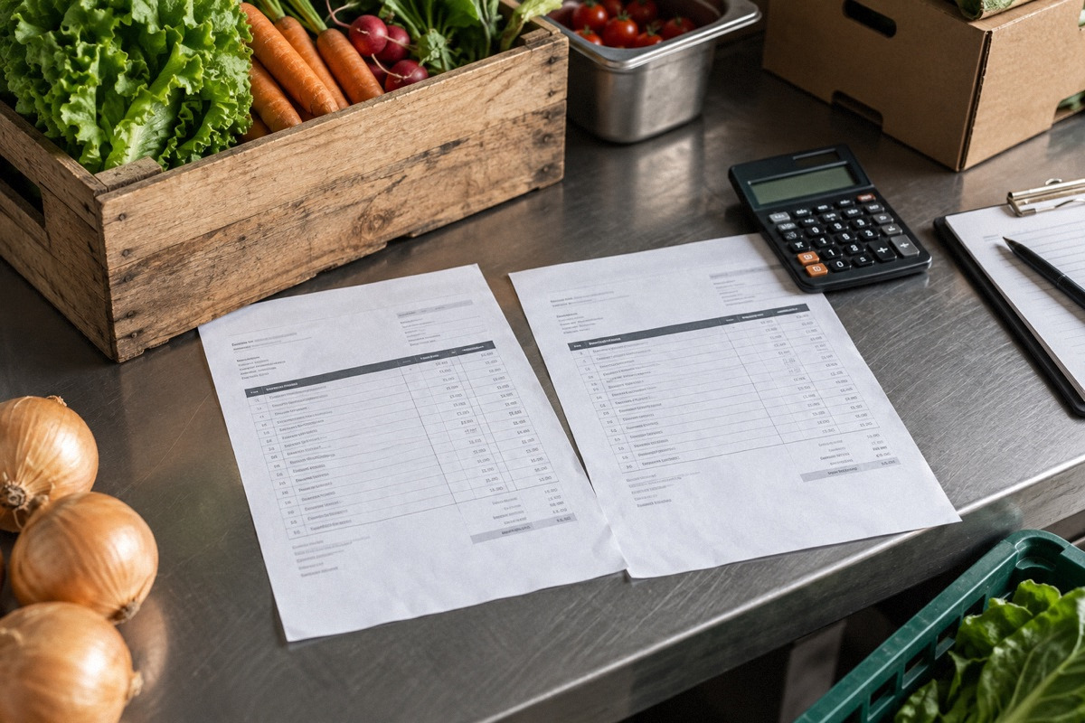 Two different delivery invoices on a receiving table alongside produce crate and calculator, diagonal top-down view.