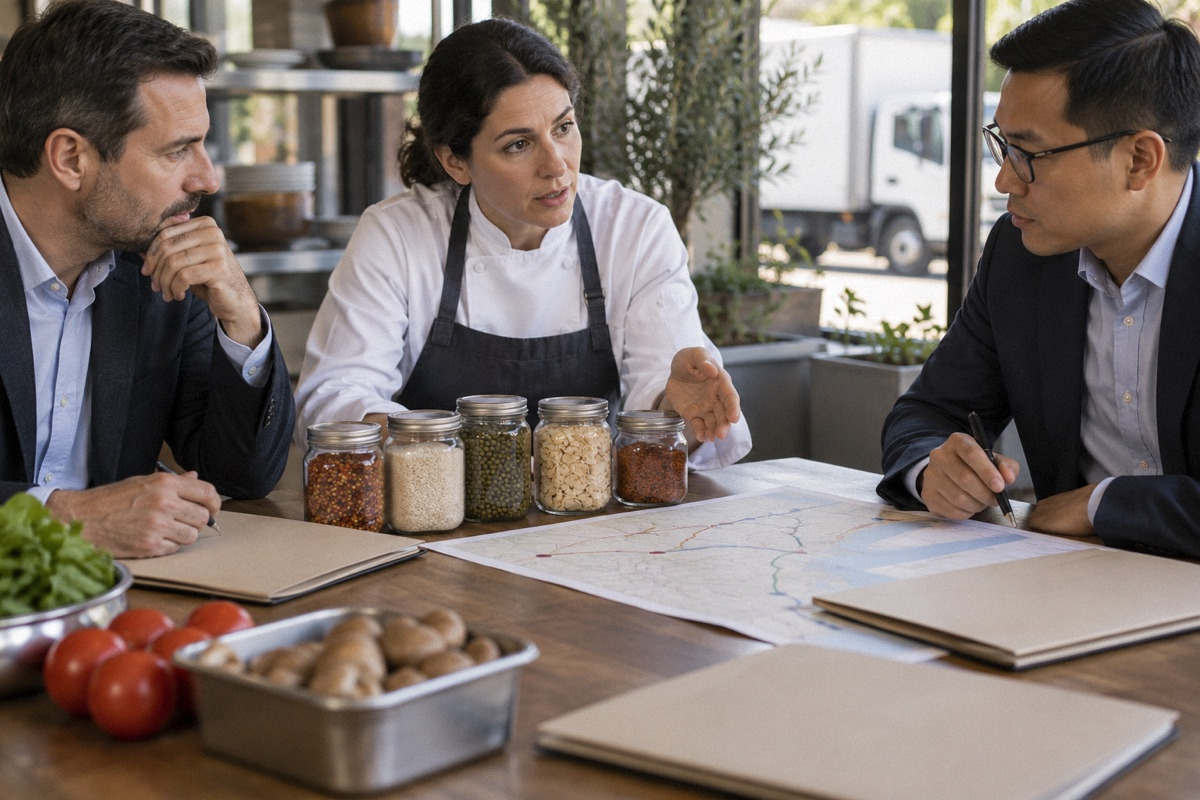 Meeting table with ingredient sample jars, three plain contract folders and unbranded delivery route map, no legible text.