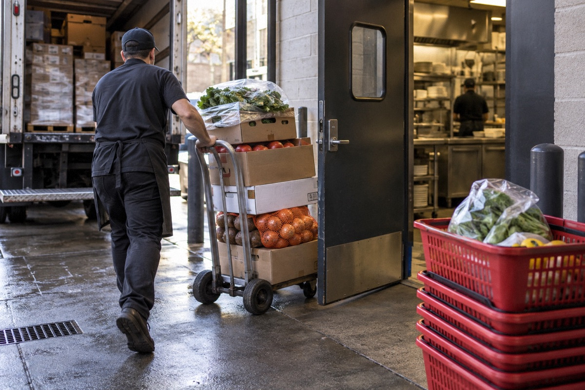 Hand trolley with bulk food cases beside a restaurant receiving door, compact shopping baskets in foreground, wide shot.