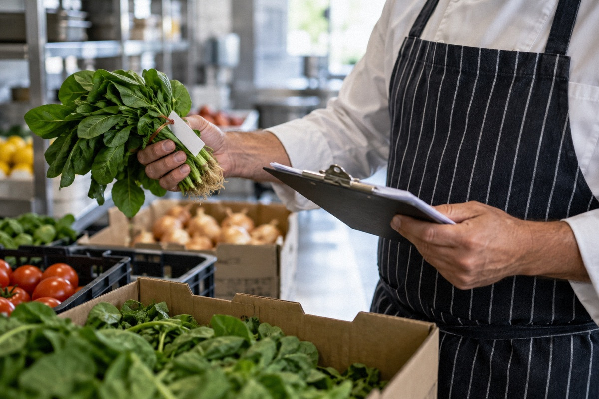 Restaurant buyer comparing a produce label to a supplier invoice on a handheld clipboard, only torso and hands, no readable text.