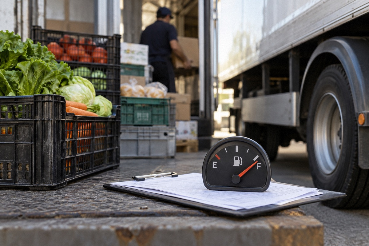 Delivery truck wheel and stacked food crates at a loading dock, small fuel gauge-shaped prop on clipboard, ground-level perspective.