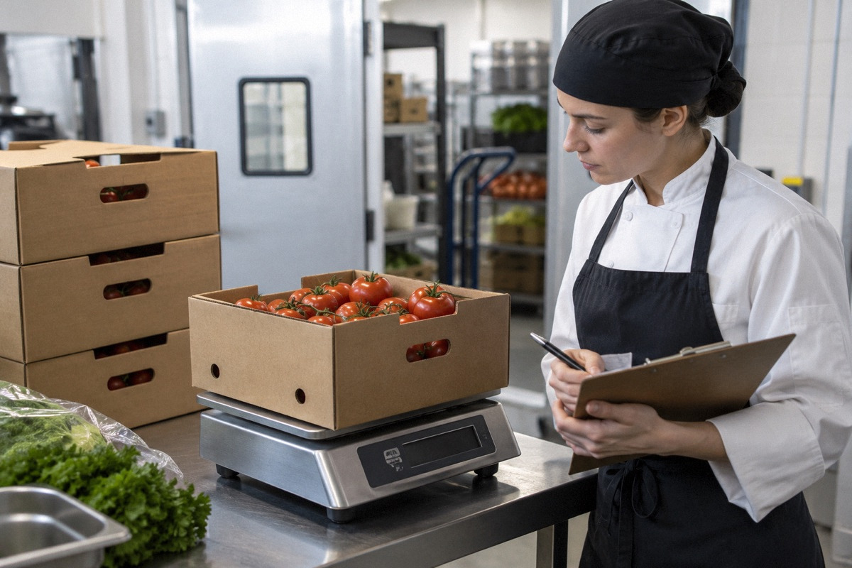 Open case of tomatoes being weighed on a receiving scale beside closed cartons and a counting clipboard, bright utility room.