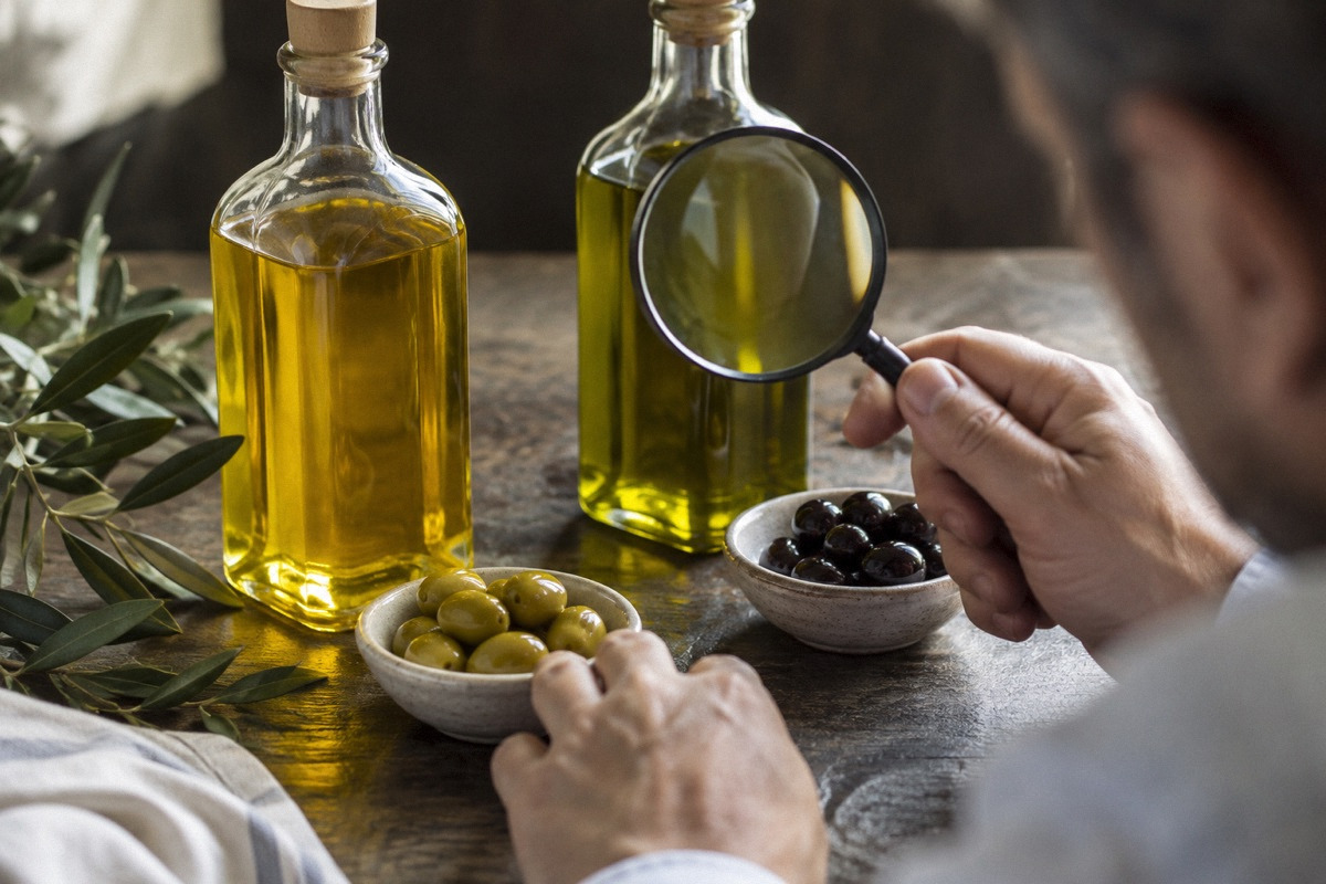 Two clear bottles of differently colored olive oil and matching ingredient samples under close inspection, macro side lighting.