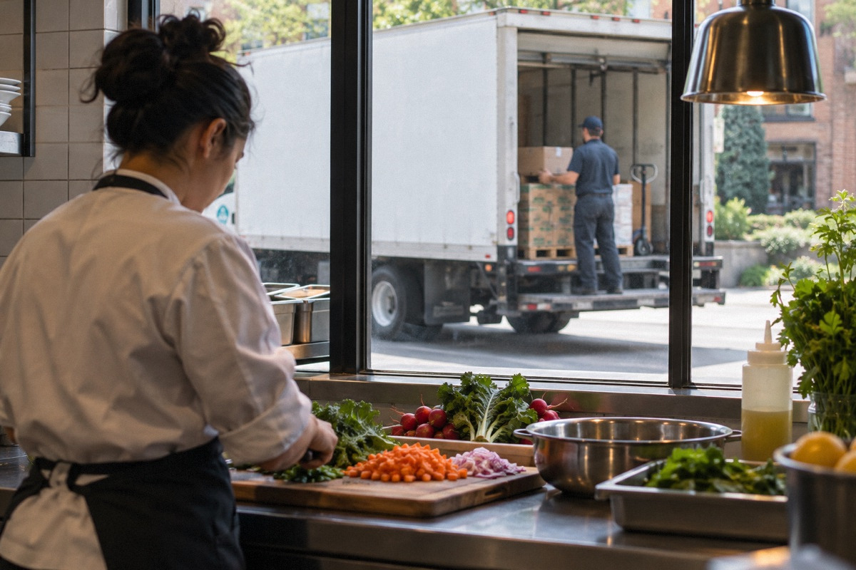 Restaurant window view of an unbranded food delivery truck outside, freshly chopped vegetables and pan on the interior prep counter.