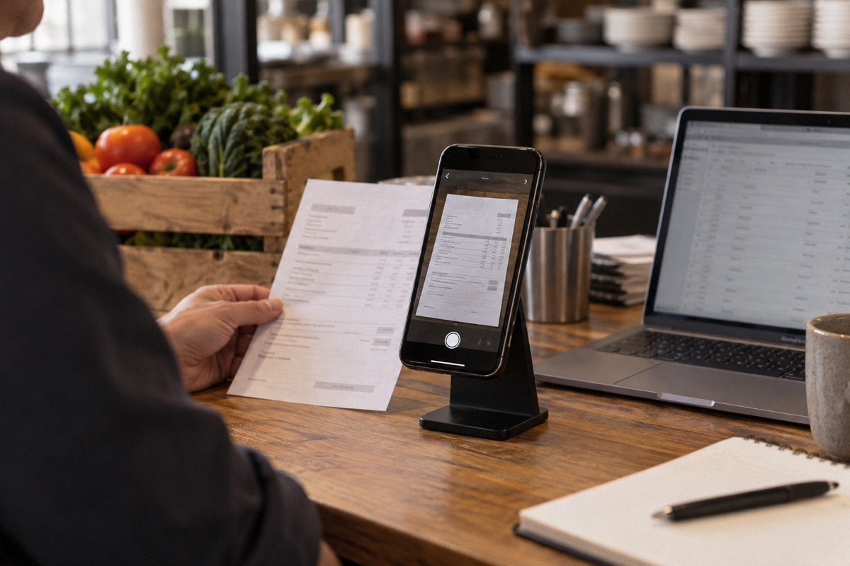 Smartphone on stand scanning a plain invoice beside laptop and ingredient crate, tight restaurant office desk scene.