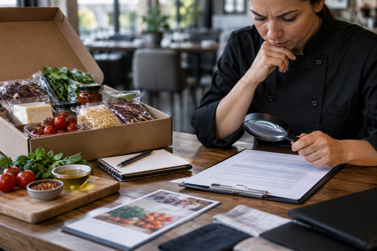 Supplier sample kit spread open at a restaurant office desk, magnifying glass over a plain agreement, natural daylight.