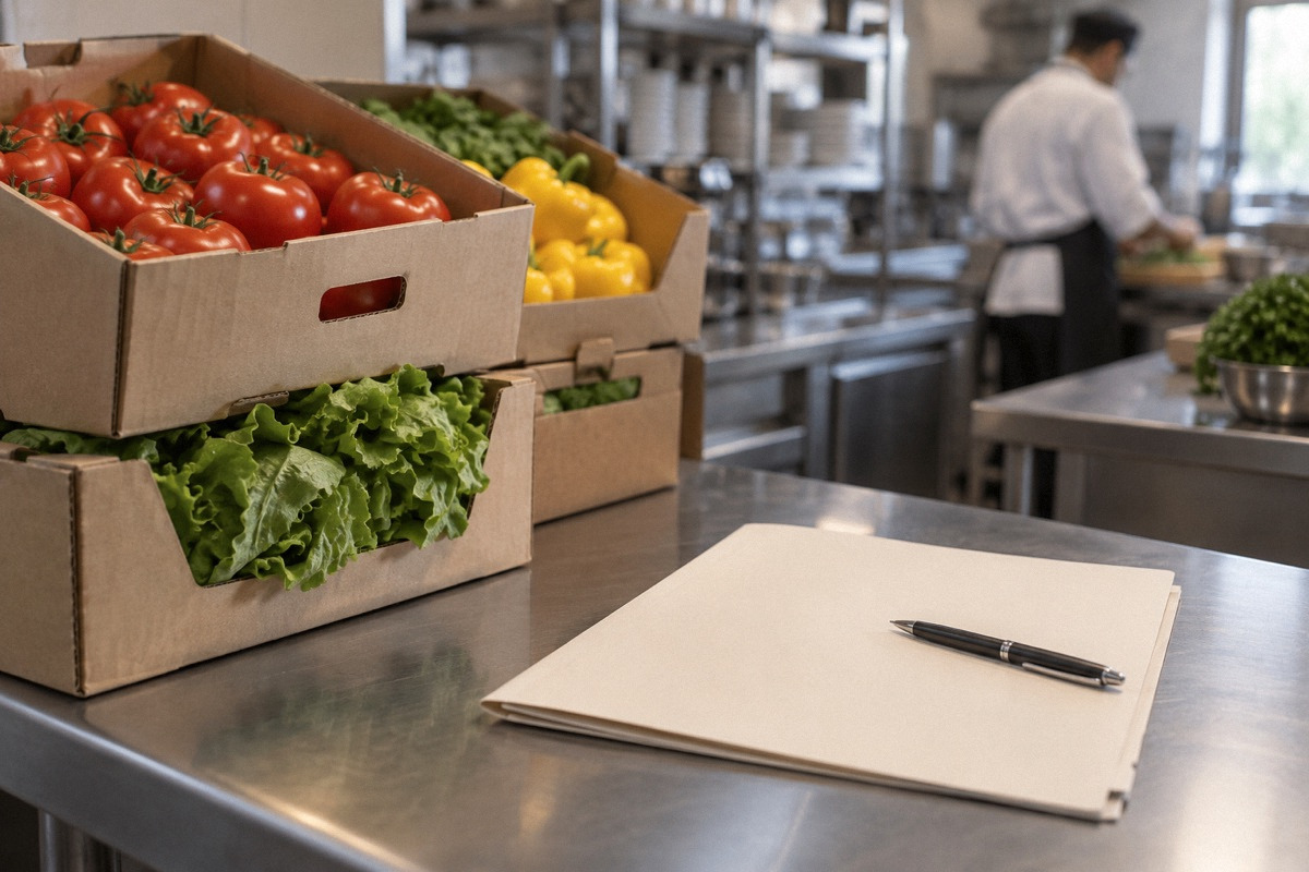 Fresh unopened food cartons beside a plain credit application folder and pen on restaurant office counter, side angle.