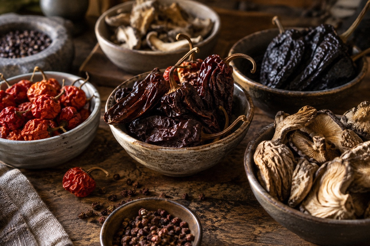 Small ceramic bowls of unusual dried peppers, spices and specialty mushrooms on a chef's sourcing table, macro textured scene.