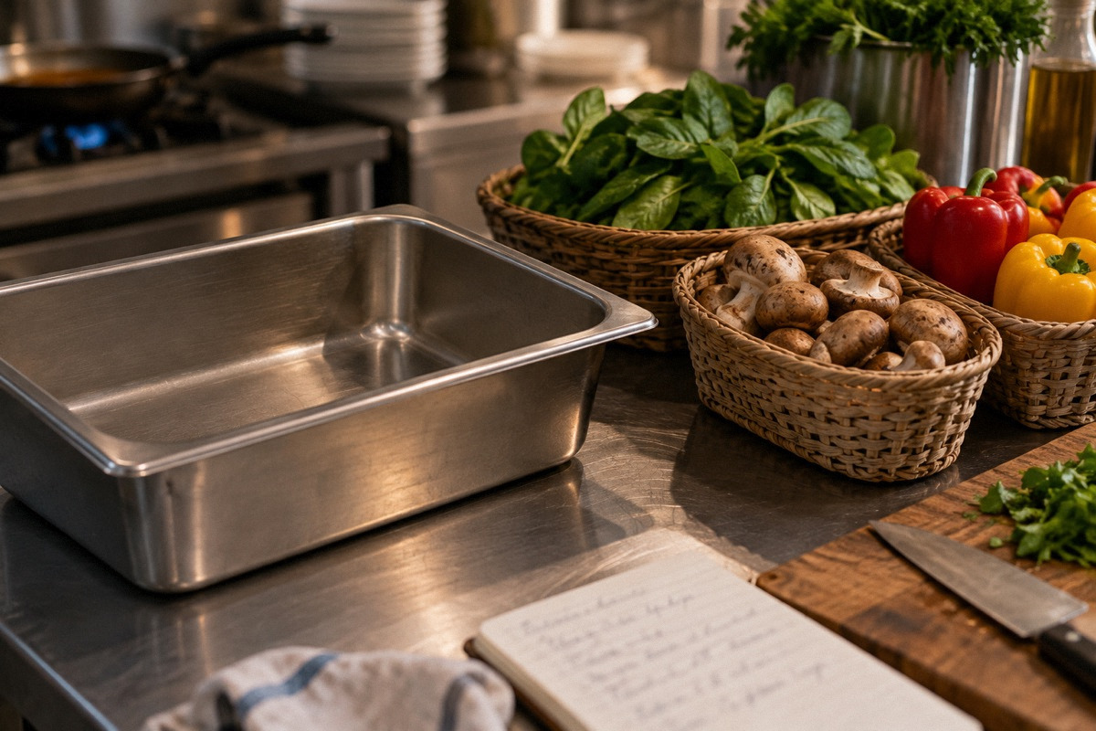 Empty ingredient bin beside alternate fresh vegetables in three small baskets, chef's handwritten note out of focus.