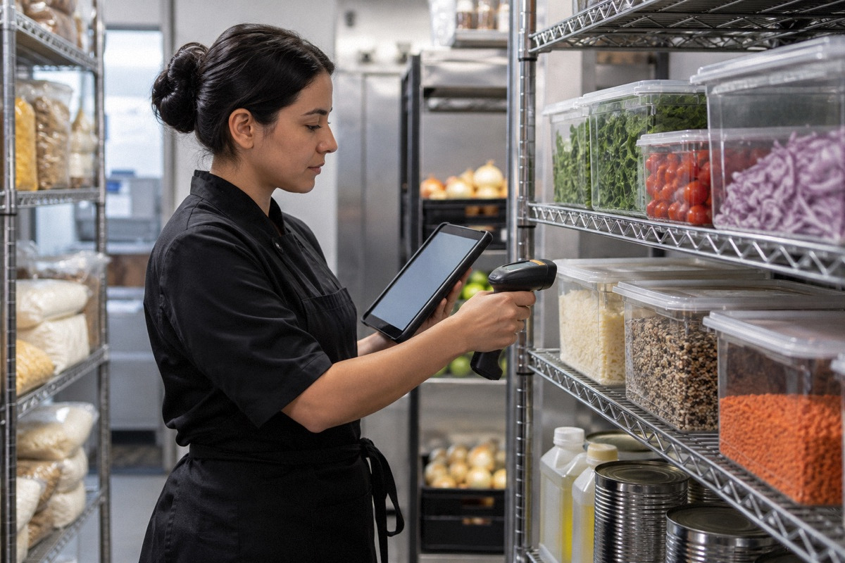 Two shelf sections of counted sealed ingredients with a handheld inventory scanner and compact tablet, orderly storeroom.