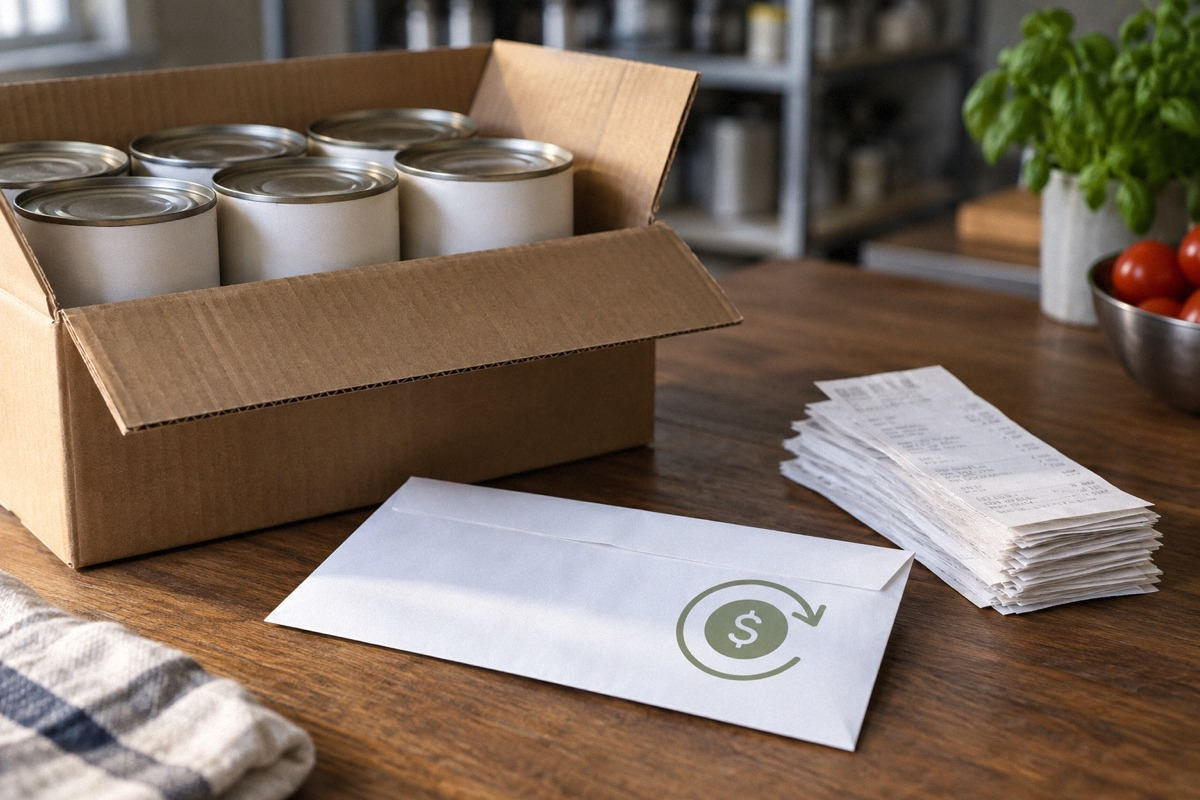 Unbranded canned goods carton beside a manufacturer rebate envelope and neatly stacked purchase receipts, tabletop still life.