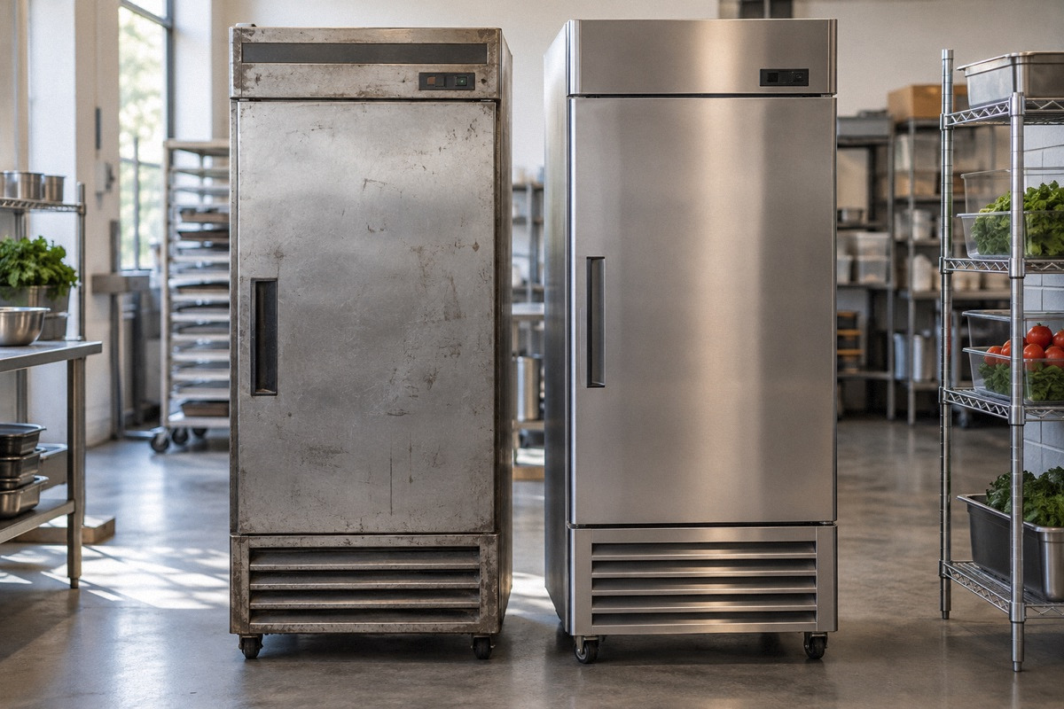 Two commercial reach-in refrigerators, one visibly older and one newer, clean neutral restaurant equipment warehouse.