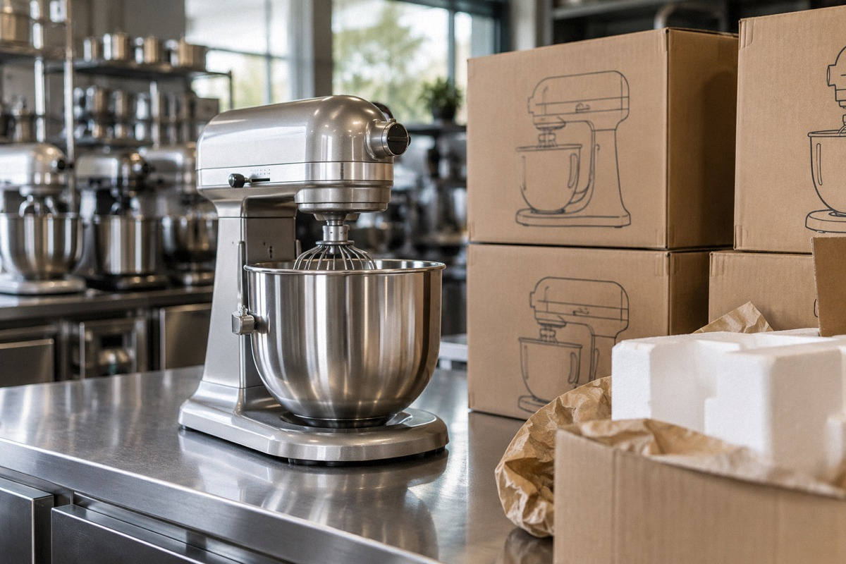 Commercial mixer on a dealer showroom counter with boxed identical equipment and shipping packing material beside it.