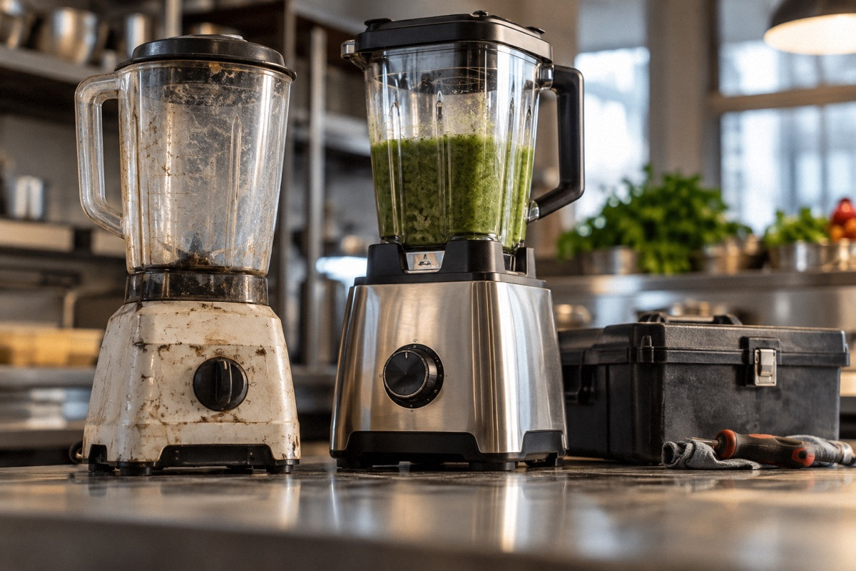 Worn countertop blender beside robust stainless steel blender and a small unbranded toolbox, low-angle product comparison.