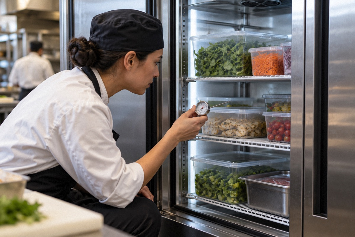 Open commercial refrigerator with probe thermometer among sealed food containers, service access unobstructed, close view.
