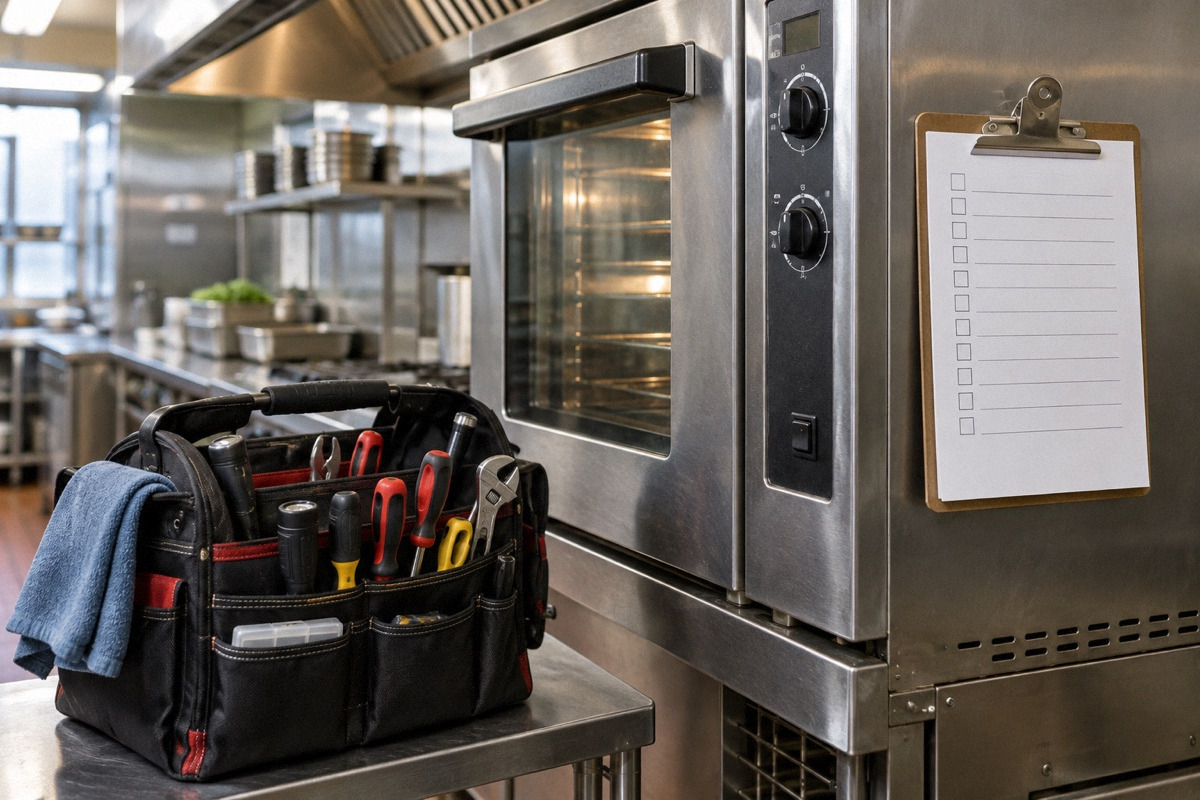Technician's organized tool bag beside commercial oven with blank preventive maintenance checklist clipped to side, no active repair.