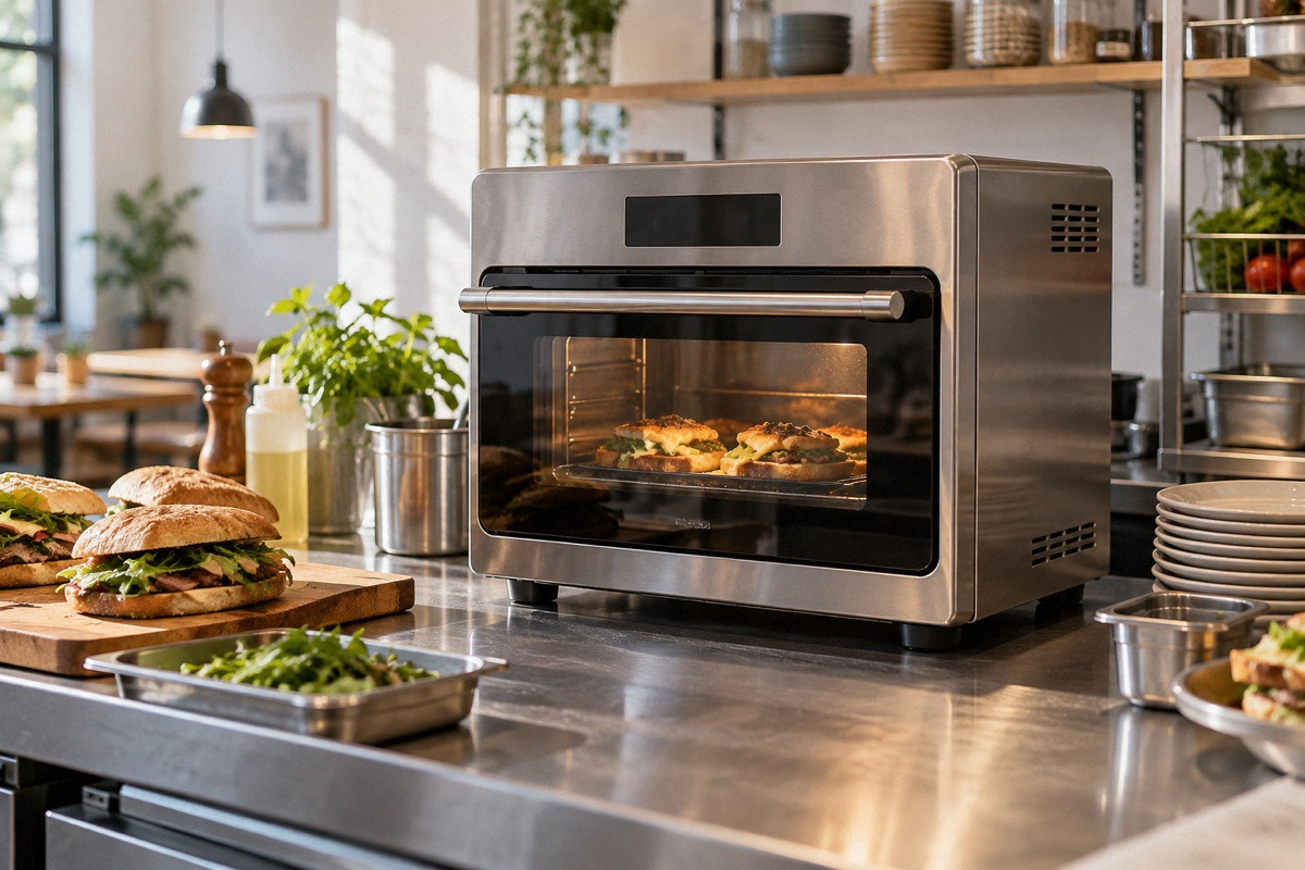 Compact enclosed ventless countertop oven in a bright small cafe prep station with sandwiches nearby, three-quarter equipment portrait.