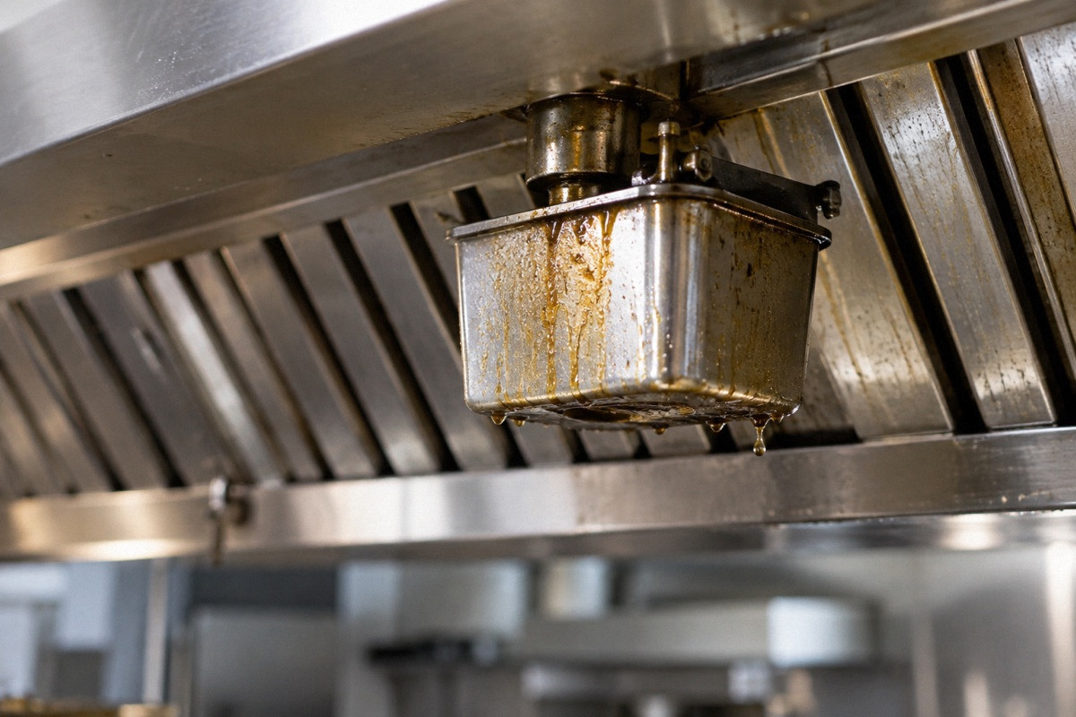 Underside of commercial hood with a visible greasy collection cup isolated for inspection, no flames or cooking, realistic closeup.