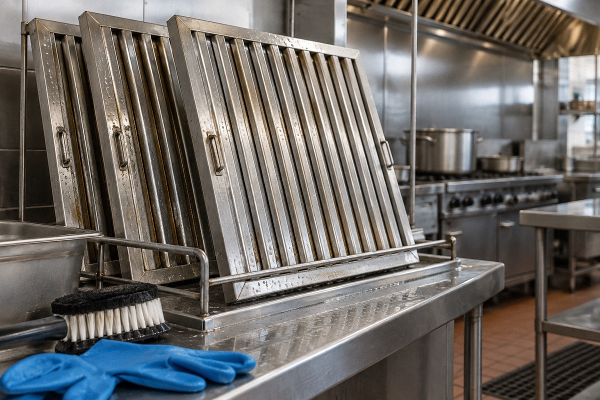 Removed metal hood baffle filters leaning safely on a cleaning rack beside cleaning brushes and protective gloves.