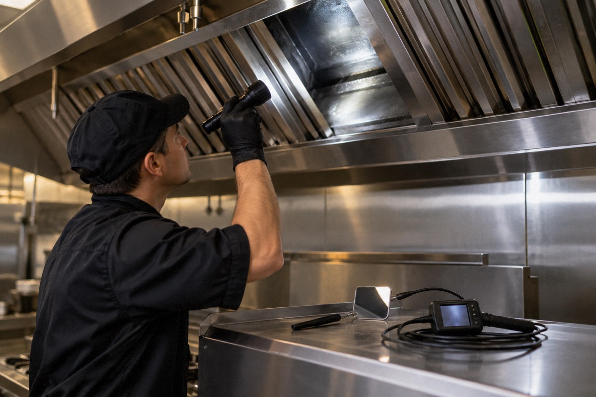 Flashlight illuminating interior baffle channel of a clean commercial kitchen hood, inspection mirror and camera on bench below.