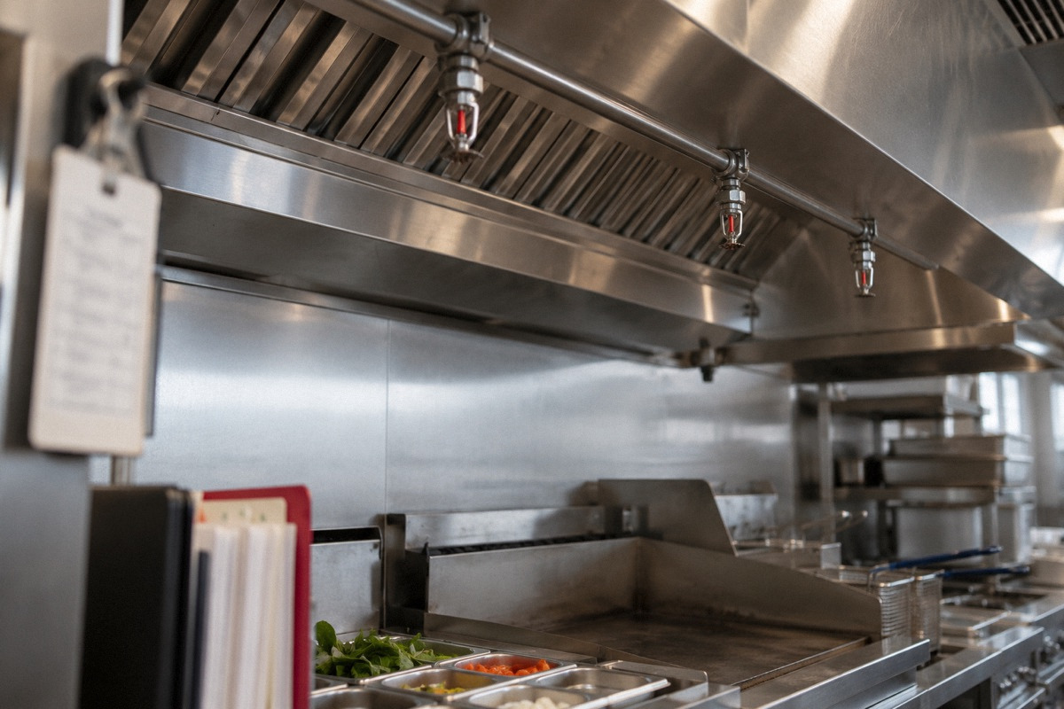 Restaurant hood fire suppression nozzles above a cold cooking line, service tag blurred, organized invoice folder at frame edge.