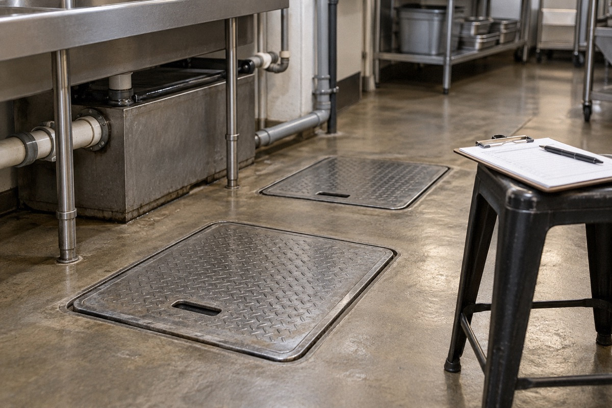 Sealed floor-level grease trap access covers in a restaurant utility room with maintenance clipboard on a stool, no open sewage.