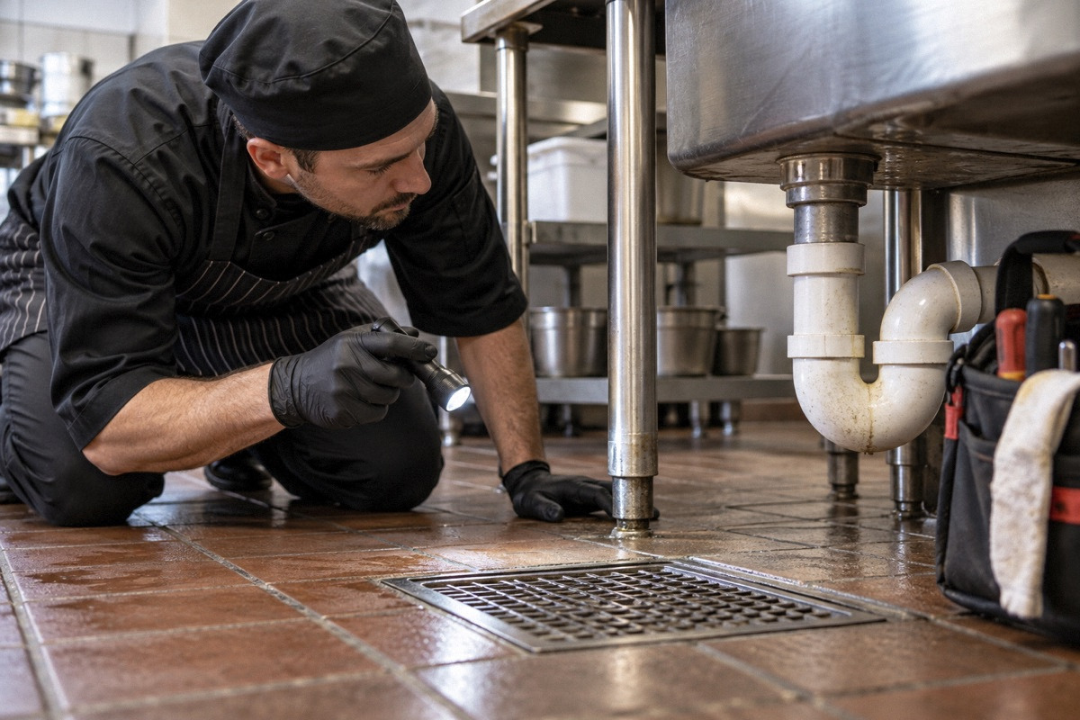 Clean restaurant floor drain and plumbing trap beneath utility sink, flashlight and inspection tools nearby, low perspective.