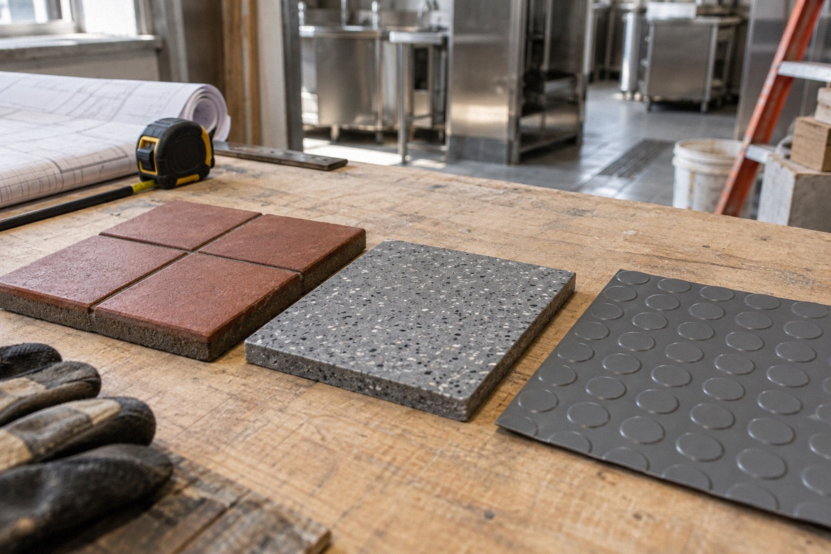 Three samples of commercial quarry tile, resin flooring and slip-resistant vinyl on a restaurant construction workbench.