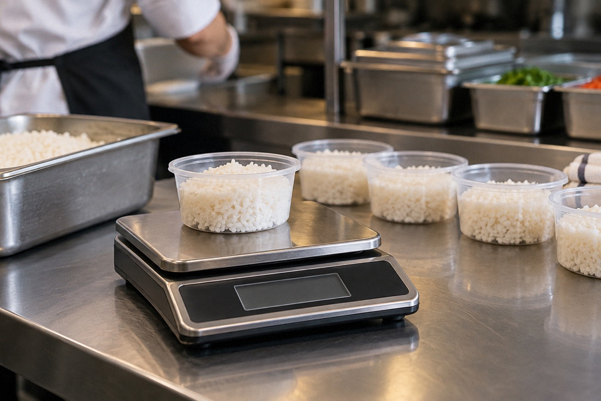 Digital scale holding one portion of cooked rice with identical portion cups lined behind, uncluttered prep bench closeup.