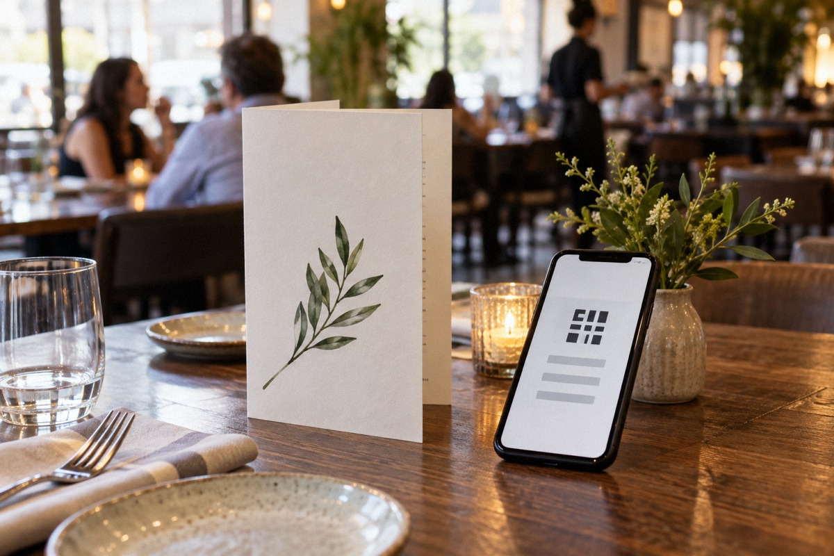 Printed folded menu and smartphone resting together on a restaurant dining table, phone shows abstract blocks, no actual QR codes.