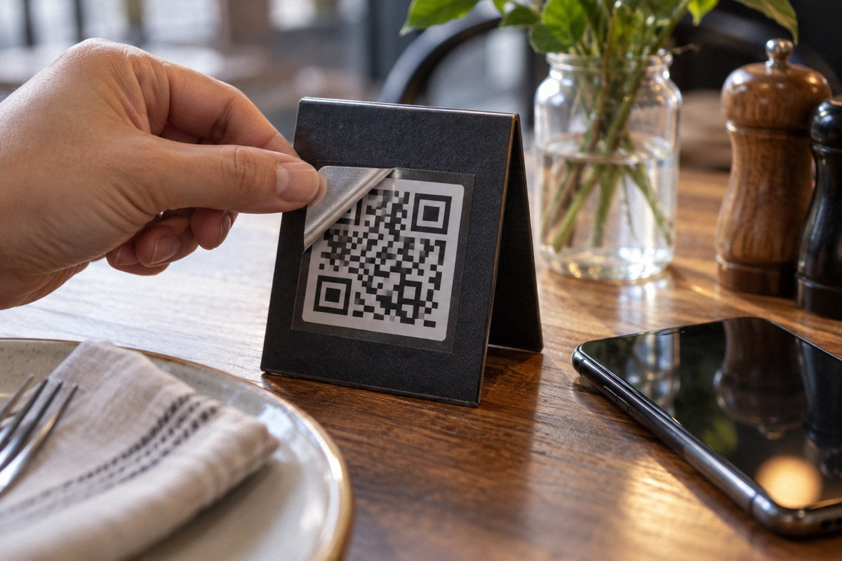 Closeup of layered tamper sticker corner lifted on a table ordering placard, phone nearby, geometric dummy code not usable.