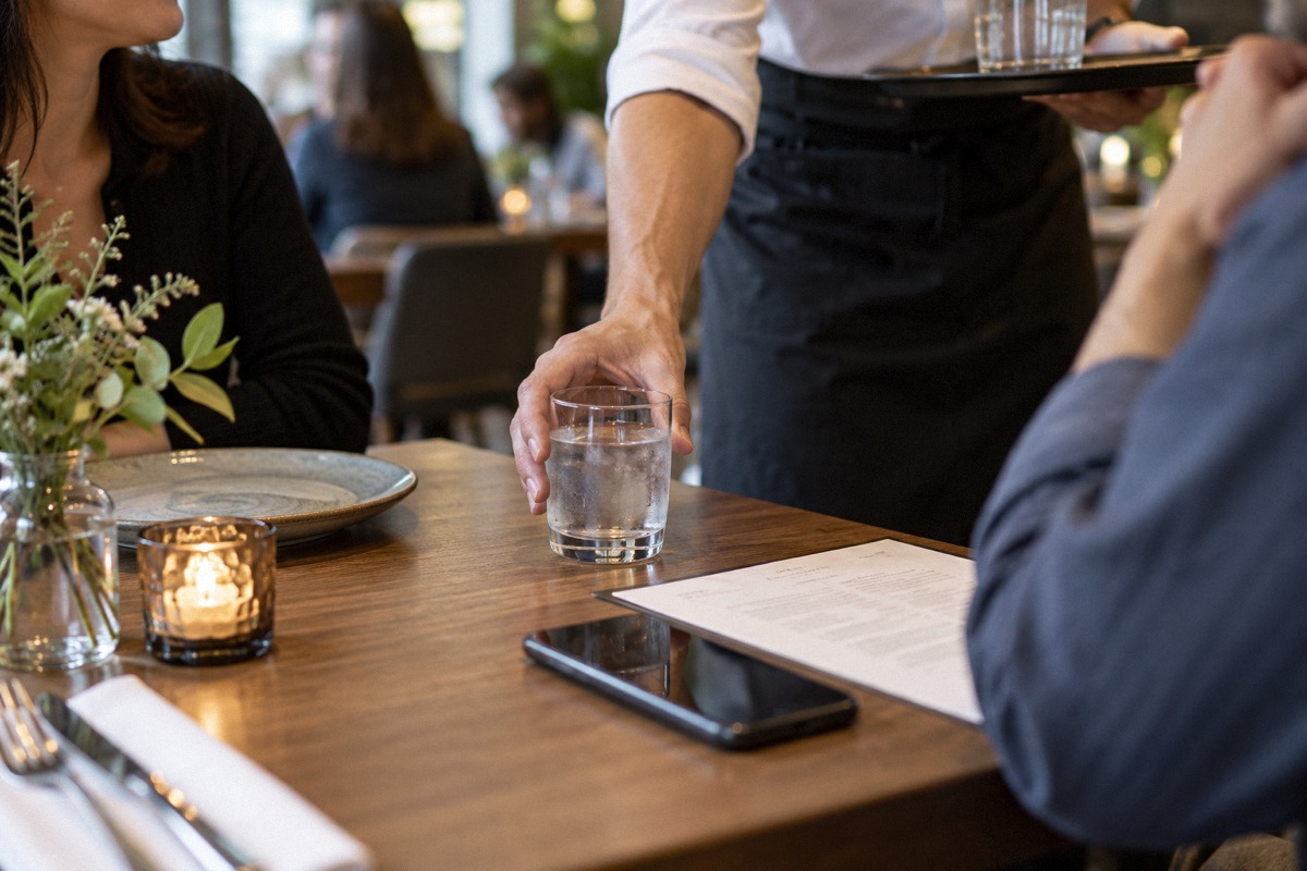 Waiter's hand setting a water glass beside diners' phone and printed menu, faces out of frame, restaurant table service scene.
