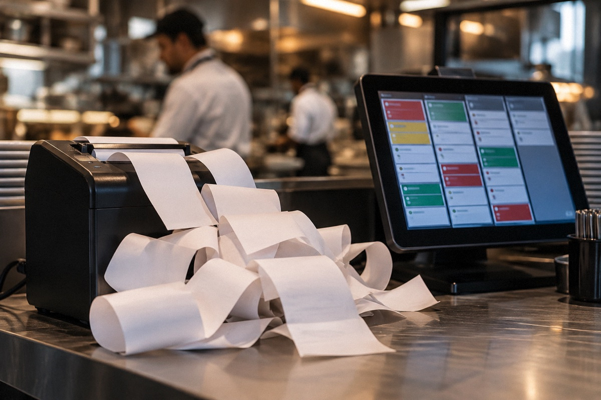 Restaurant receipt printer producing tangled blank order slips beside POS tablet with abstract colored order tiles.