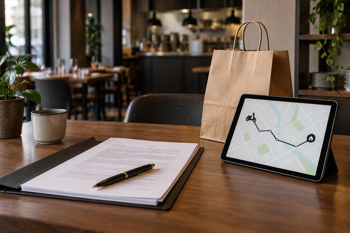 Plain contract folder and takeaway bag beside a tablet showing an abstract delivery route, quiet restaurant office.