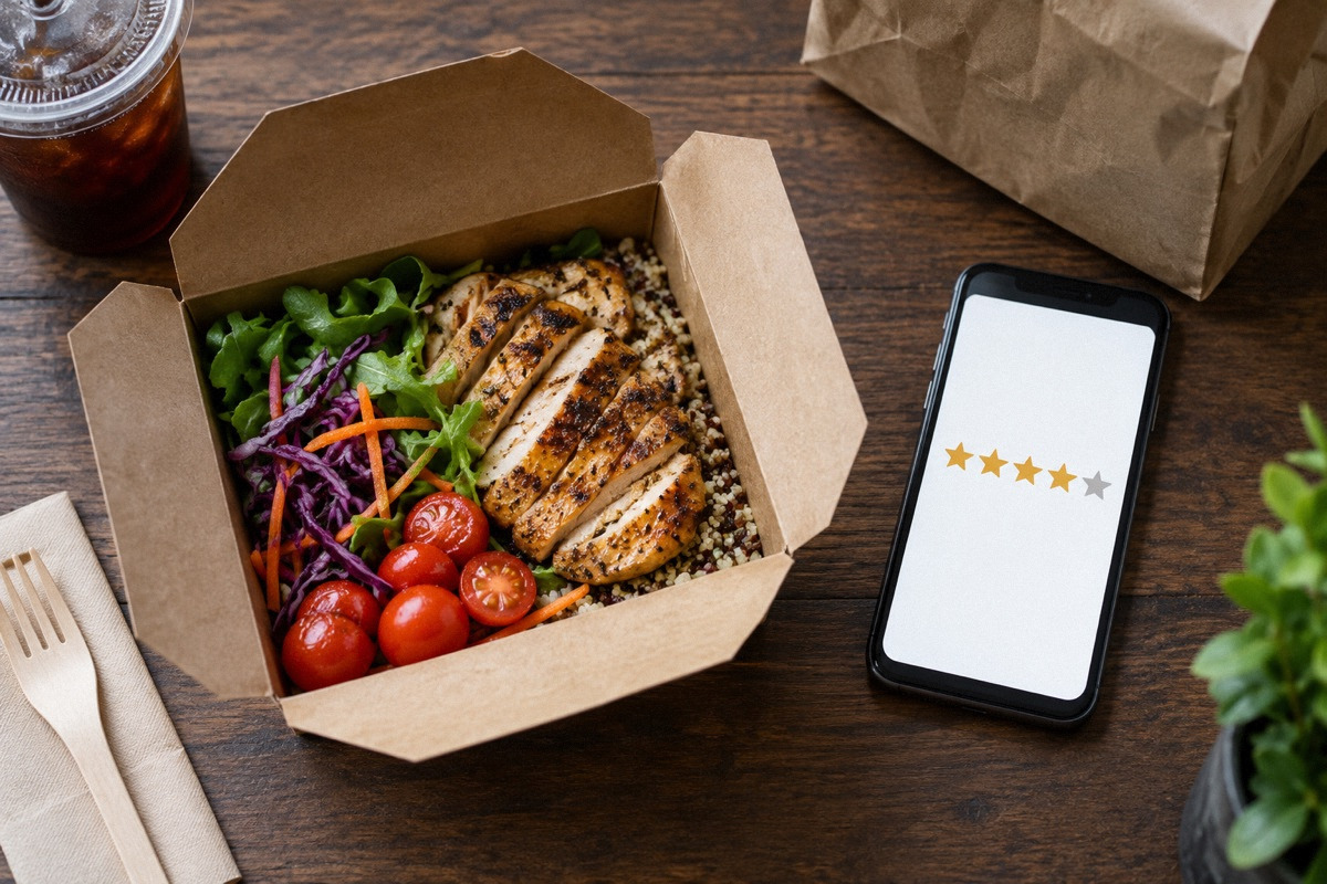 Takeout meal with intact packaging beside smartphone displaying simple star icons without brand or words, overhead.